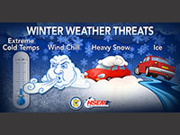Winter weather threats graphic listing extreme cold, wind chill, heavy snow and ice.