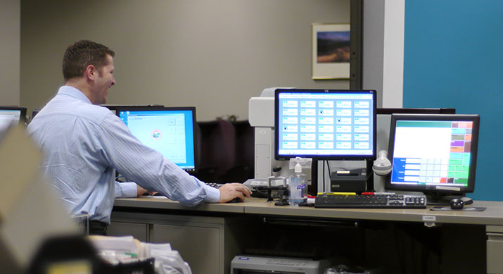 A man works at the counter in a DVS licensing office.