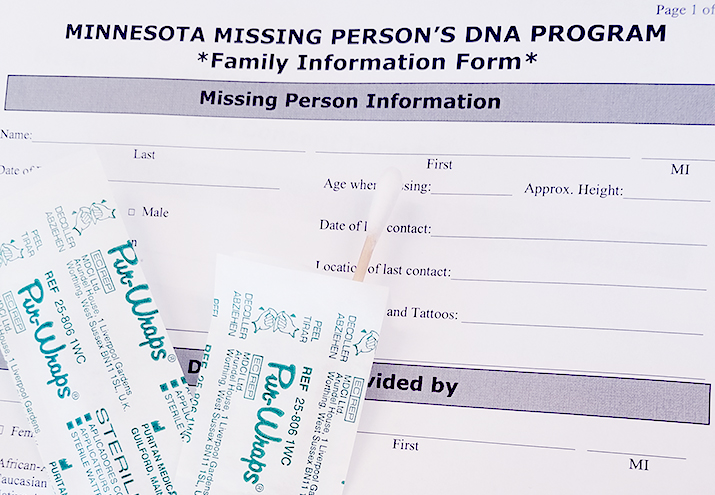 Photo of forms and swabs for the Minnesota Missing Person's DNA Program