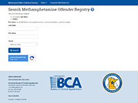 Screen shot of the Meth Offender Registry on the BCA website