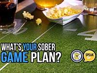 What's your sober game plan? with drinks and snacks on a football field background