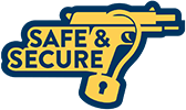 Safe & Secure graphic with a gun lock installed on a handgun