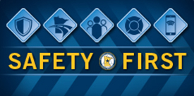 Safety First graphic with safety symbols like a badge, shield and roadway.