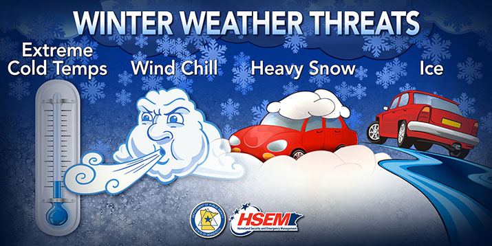 Winter weather threats graphic listing extreme cold, wind chill, heavy snow and ice.