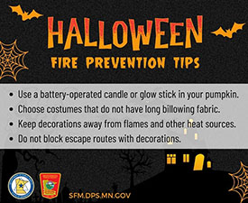 Halloween fire prevention tips graphic with tips listed in this blog