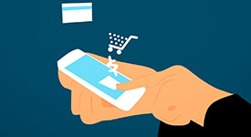 Graphic of hands holding a smartphone along with icons of credit cards, shopping carts and bags.