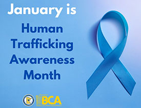 Text that says January is Human Trafficking Awareness Month. A blue ribbon and the DPS and BCA logos.
