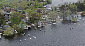 An aerial view of flooding around homes.