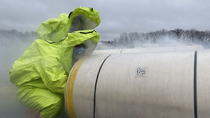 First responders train to move skillfully and with precision inside bulky hazmat suits.