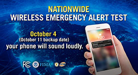 Nationwide emergency alert test graphic with date, time listed in article and a hand holding a smartphone.
