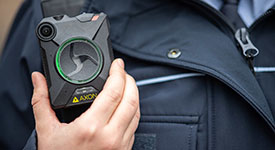 A body-worn camera on a law enforcement officer's uniform