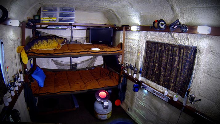 Inside of an ice fishing house