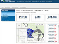 Screen shot of the Minnesota COVID-19 dashboard with overview information about statewide case numbers