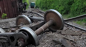 A train car on its side and parts scattered on the ground after a derailment