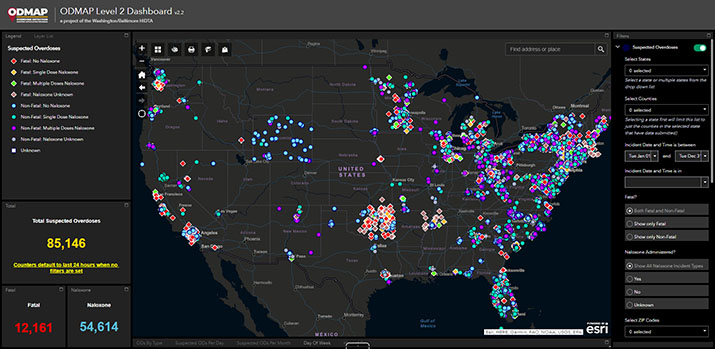 Screen shot of the Overdose Detection Mapping Application Program (ODMAP)