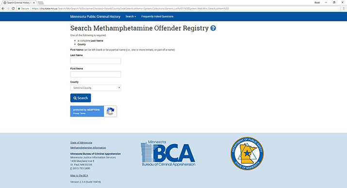 Screen shot of the Meth Offender Registry on the BCA website