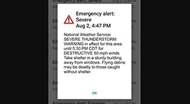Example of thunderstorm damage threat alert on a phone screen
