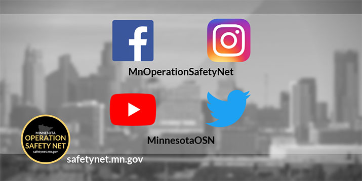 Operation Safety Net social media channel logos, safetynet.mn.gov  URL