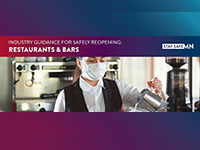 A restaurant worker pouring milk from a pitcher. Text that says Industry Guidance for Safely Reopening Restaurants & Bars
