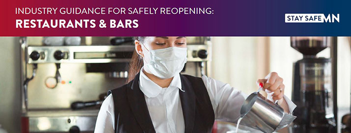 A restaurant worker pouring milk from a pitcher. Text that says Industry Guidance for Safely Reopening Restaurants & Bars.