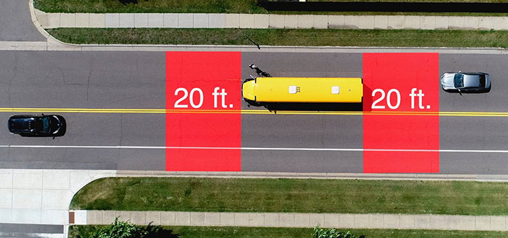 A bus and vehicles stopped on a roadway. Red zones mark the 20 foot distance from the front and rear of the bus