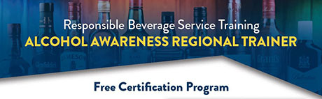 Liquor bottles lined up with text promoting the Responsible Beverage Service Training program