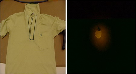 a shirt as viewed in normal lighting on the left and a semen stain on the pocket just under the logo as seen using the ALS on the right