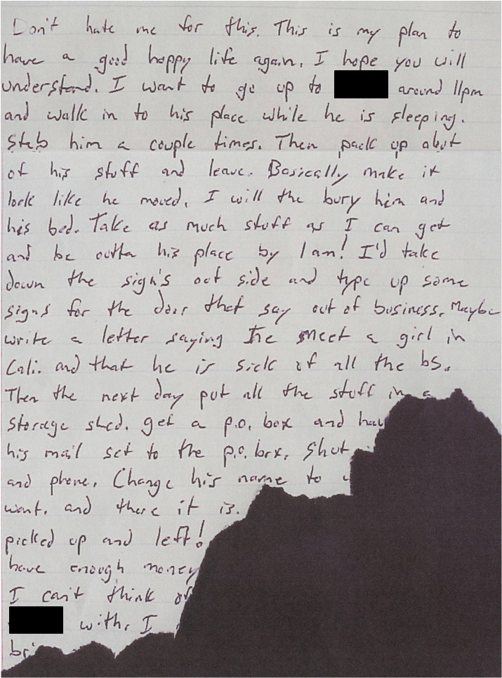handwritten letter with the corner torn away