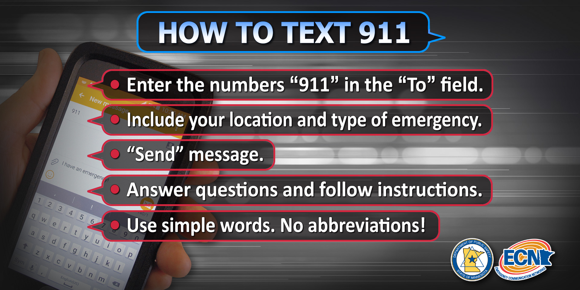How to text 911 graphic showing listing steps the same steps detailed on the web page.
