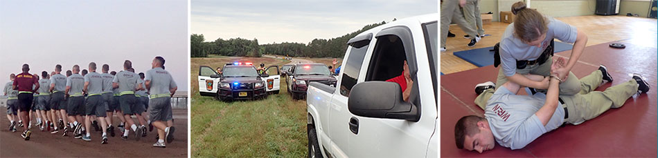 Banner with scenes from training academy. Trainees running, practicing vehicle stops, handcuffing a person