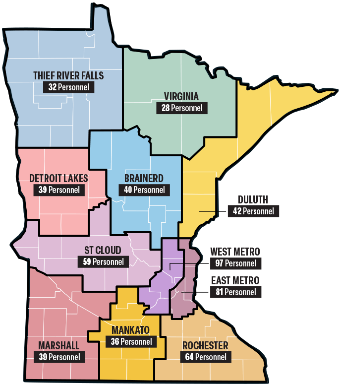 Map of MSP patrol districts with staffing levels