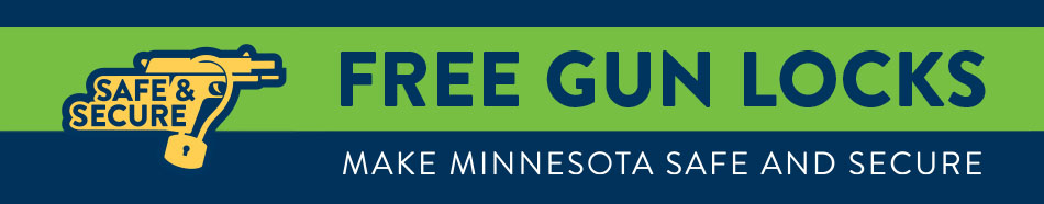 Free gun locks. Make Minnesota safe and secure. Graphic of a handgun with a lock installed