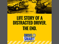 A car crash scene. Text that says life story of a distracted driver. The End. DriveSmartMN.org