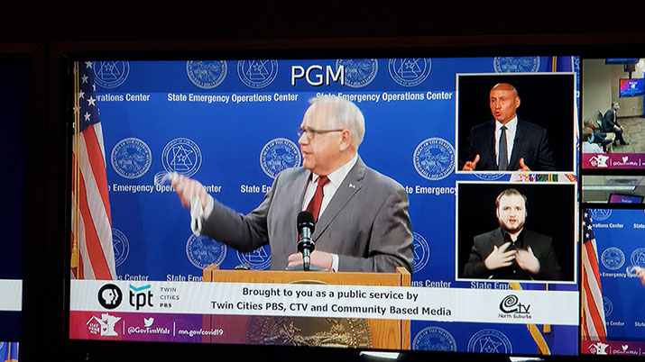 A TV screen showing Gov. Tim Walz during a news conference being broadcast on TPT 
