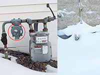 Photo showing a vent on a gas meter and a photo of a gas meter buried in snow