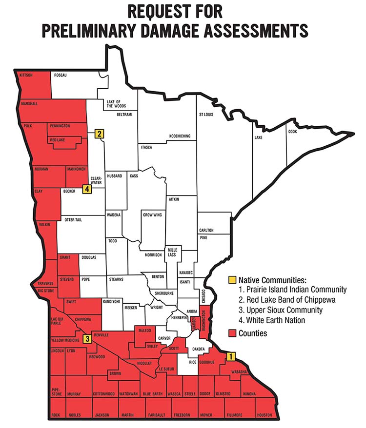 Map of Minnesota counties included in preliminary damage assessment request